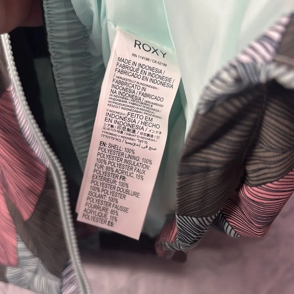 NWT New Roxy Girl Pink Green Leaves American Pie Faux Fur Hood Jacket Size 14